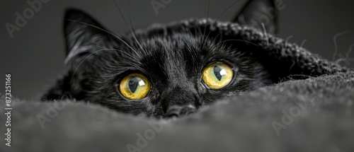  A tight shot of a black feline gazing at the camera with expressive yellow eyes A cozy blanket covers its top © Jevjenijs