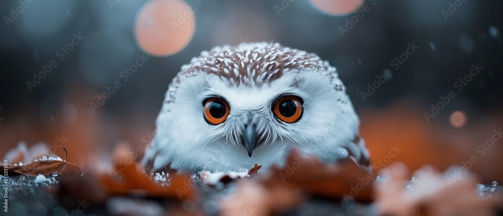 A tight shot of a tiny owl atop a mound of leaves against a hazy backdrop of indistinct lights A tight shot of a tiny owl atop a mound of leaves against a hazy backdrop of indistinct lights