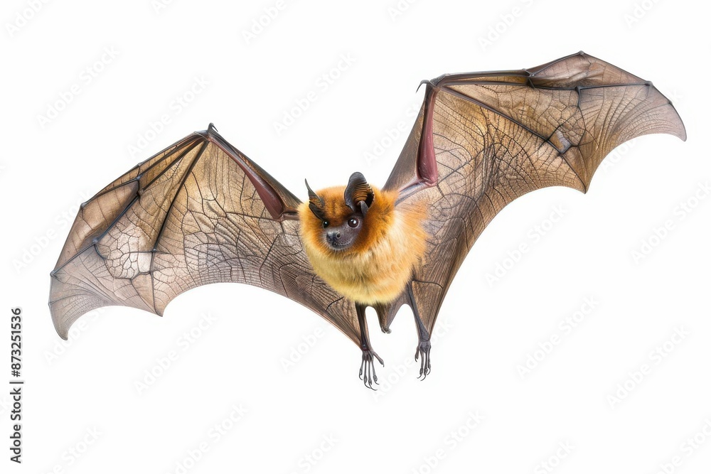 Obraz premium graceful bat in midflight against a stark white background wings fully extended showcasing intricate membrane patterns and powerful musculature in stunning detail