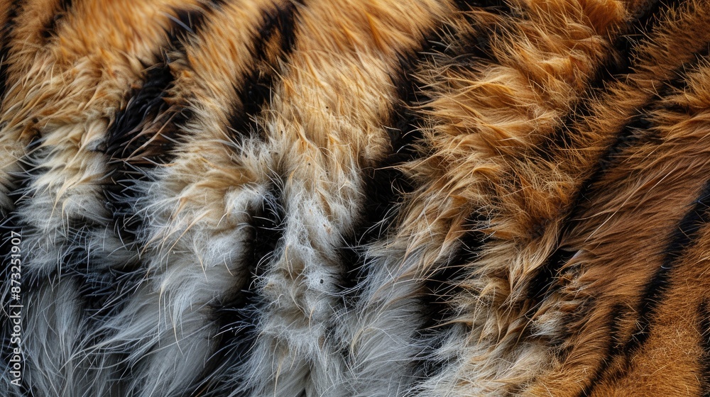 Detailed close-up of tiger fur, showcasing its intricate patterns and textures in high resolution