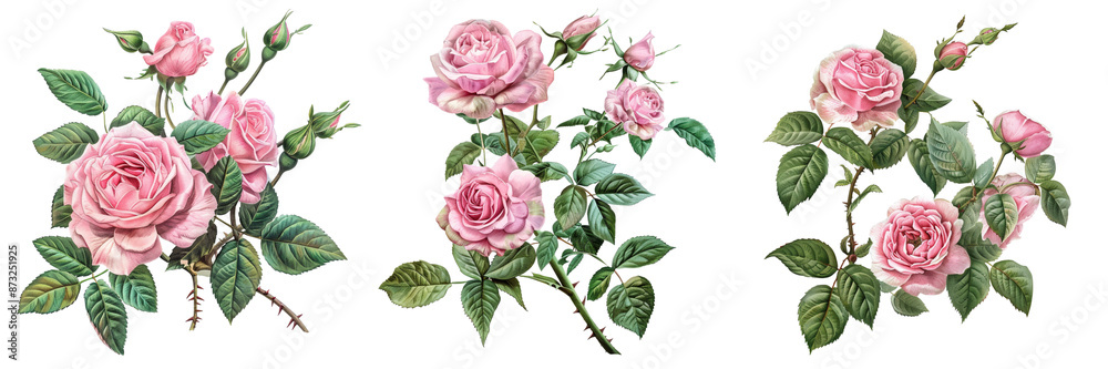 Set of A bouquet of pink roses arranged beautifully with green leaves isolated on a transparent background Set of A bouquet of pink roses arranged beautifully with green leaves isolated on a transparent background