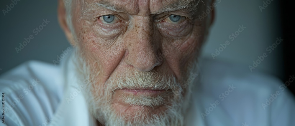 A serious-looking old man with a white beard and blue eyes gazes into the camera A serious-looking old man with a white beard and blue eyes gazes into the camera
