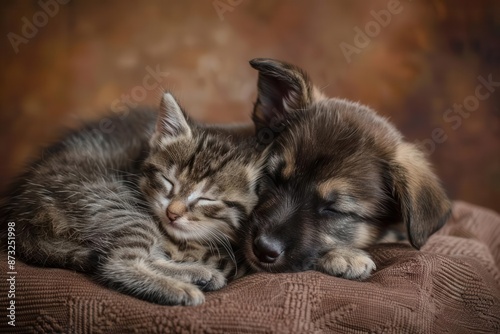 heartwarming portrait of mixedbreed puppy and kitten cuddling together soft studio lighting highlighting fur textures against warm brown backdrop