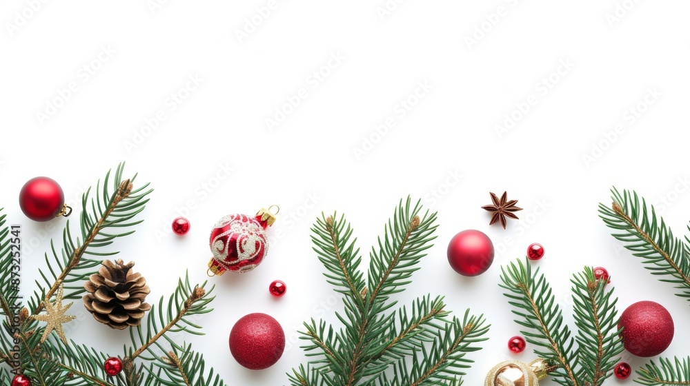 Christmas border featuring fir branches and decorations, isolated on a white background Christmas border featuring fir branches and decorations, isolated on a white background