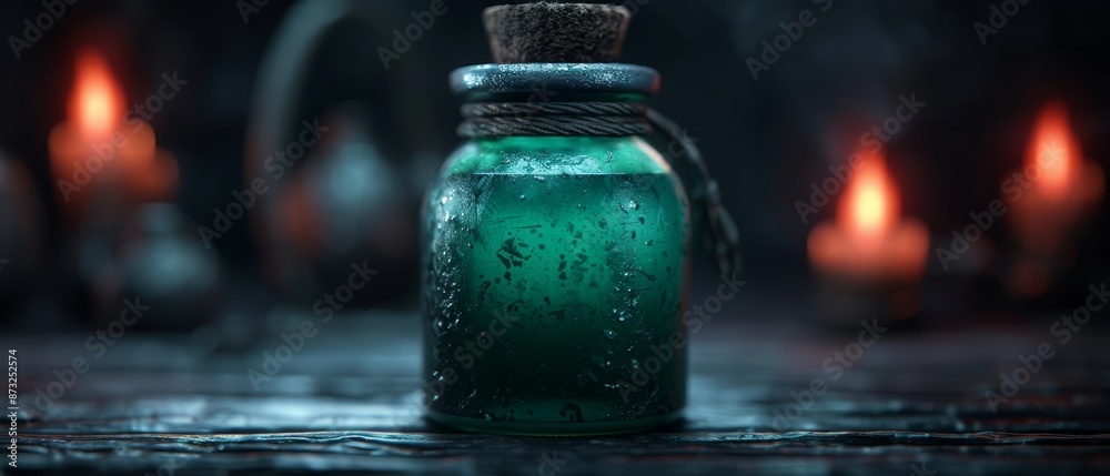 A green glass jar atop a table, surrounded by lit candles in darkness A green glass jar atop a table, surrounded by lit candles in darkness