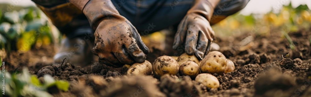 Harvest Time: Fresh Potatoes Unearthed by Gloved Hands Harvest Time: Fresh Potatoes Unearthed by Gloved Hands