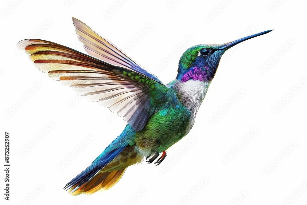 Fototapeta premium hyperrealistic digital painting of iridescent hummingbird midflight intricate feather detail and vibrant colors pop against pure white background capturing the birds grace and energy