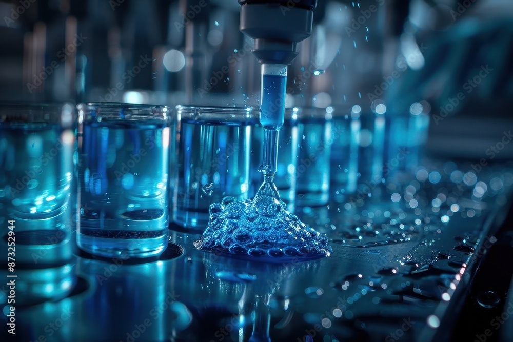 Close up of a lab pipette filled with blue chemical solution, droplet emerging over empty test tubes, science research lab, illustration background Close up of a lab pipette filled with blue chemical solution, droplet emerging over empty test tubes, science research lab, illustration background