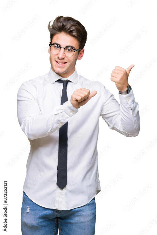 Young business man wearing glasses over isolated background Pointing to the back behind with hand and thumbs up, smiling confident Young business man wearing glasses over isolated background Pointing to the back behind with hand and thumbs up, smiling confident