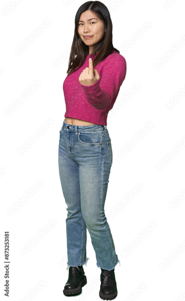 Full-body young Chinese woman pointing with finger at you as if inviting come closer. Full-body young Chinese woman pointing with finger at you as if inviting come closer.