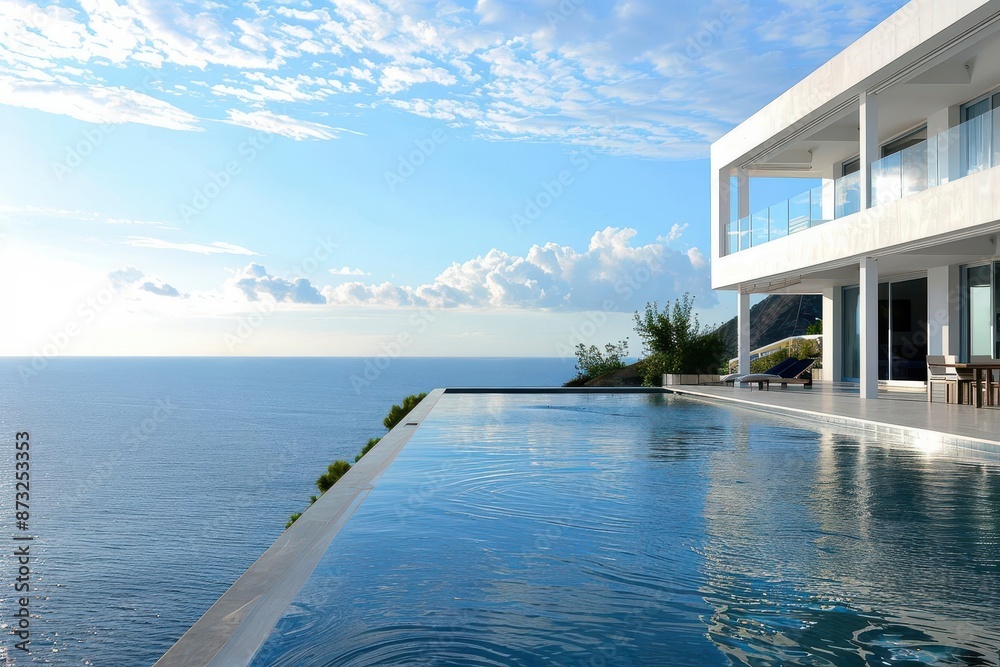 Fototapeta premium idyllic mediterranean villa perched on a hillside its white walls gleaming in the sun a infinity pool merges with the azure sea view creating a scene of ultimate luxury