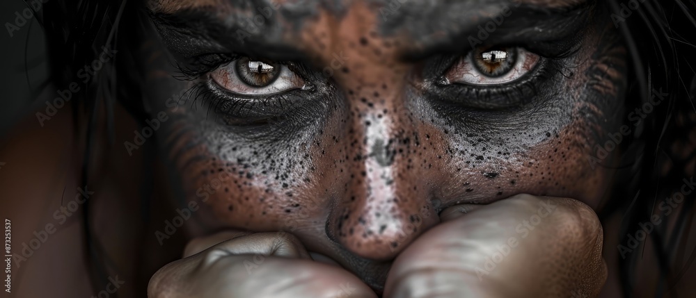 A tight shot of a woman's mud-splattered face and hands obstructing it A tight shot of a woman's mud-splattered face and hands obstructing it