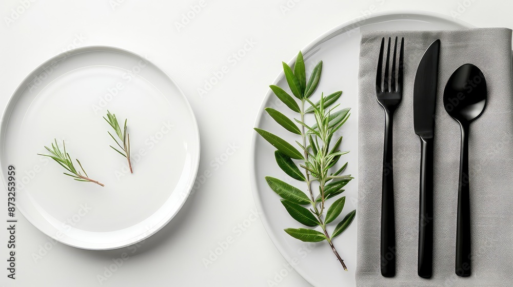 Minimalist Table Setting with Black Cutlery and White Plate Minimalist Table Setting with Black Cutlery and White Plate