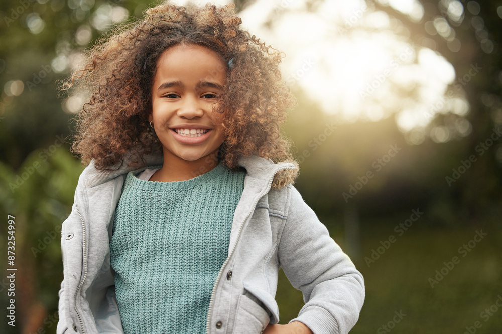 Black girl, child and outdoor in portrait with smile for vacation, backyard or winter in New York City. Female person, happiness and travel in Central Park with freedom for youth, holiday for relax Black girl, child and outdoor in portrait with smile for vacation, backyard or winter in New York City. Female person, happiness and travel in Central Park with freedom for youth, holiday for relax