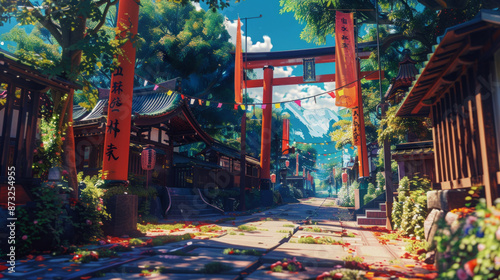  old Japanese village with an orange torii gate and red flags hanging from trees on a sunny day, in a cartoon style, 