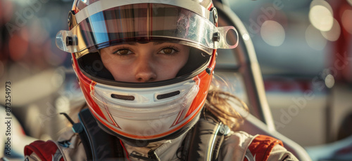 A young woman wearing a racing helmet sits in a car