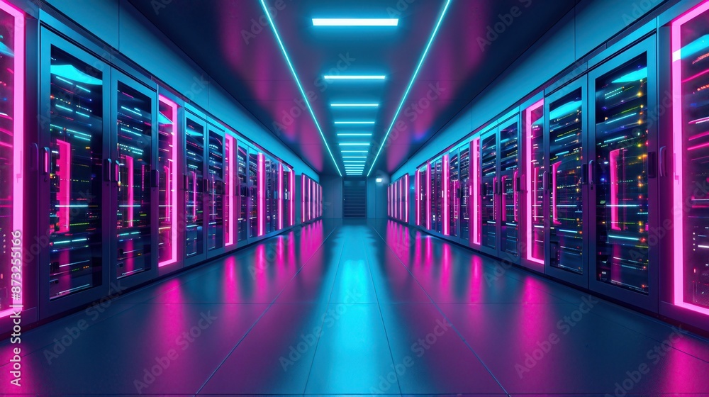 Fototapeta premium A futuristic data center corridor with glowing neon lights and high-tech servers in a symmetrical arrangement.