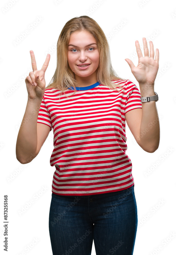 Young caucasian woman over isolated background showing and pointing up with fingers number seven while smiling confident and happy. Young caucasian woman over isolated background showing and pointing up with fingers number seven while smiling confident and happy.