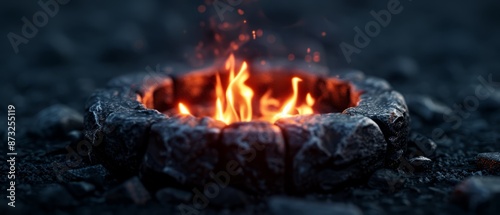  A tight shot of a fire pit, centrally located on the ground, flaunts ascending flames from its summit