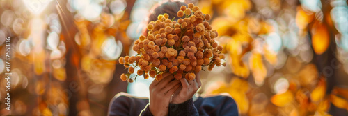 Wallpaper Mural Person Holding Orange Flowers in Autumn Sunlight, Surrounded by Golden Foliage Torontodigital.ca