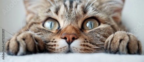  A tight shot of a feline's face, paws tucked on a pristine white blanket, eyes gazing wide open