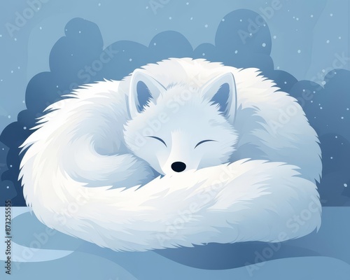 Arctic fox curled up in snow flat design top view winter theme cartoon drawing colored pastel © NeeArtwork