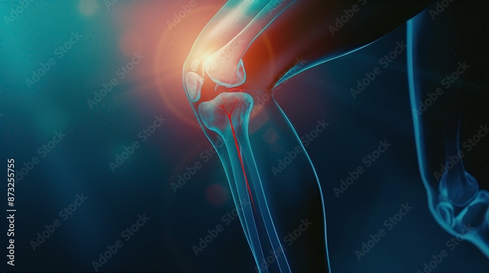 Illustration of knee joint with glowing pain area, highlighting bone ...