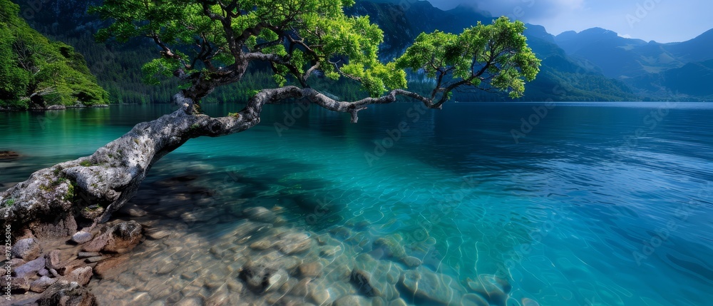 A tree, its limbs reaching over a body of water's edge, frames a distant mountain range A tree, its limbs reaching over a body of water's edge, frames a distant mountain range