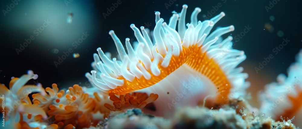 A tight shot of an orange-white sea anemone against a coral backdrop, surrounded by additional sea anemones in the distance A tight shot of an orange-white sea anemone against a coral backdrop, surrounded by additional sea anemones in the distance