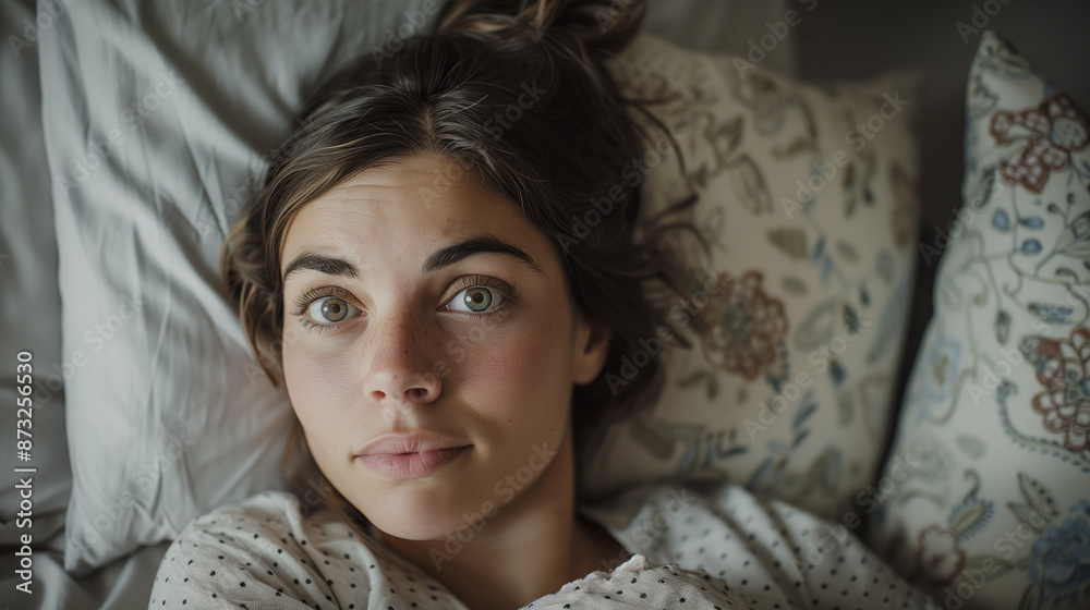 Woman lying in bed with a contemplative expression, surrounded by pillows. Woman lying in bed with a contemplative expression, surrounded by pillows.