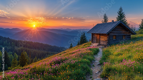 landscape, sky, house, grass, nature, mountain, field, meadow, building, tree, sunset, farm, green, rural, summer, cloud, clouds, sun, forest, country, countryside, sunrise, wood, mountains, autumn