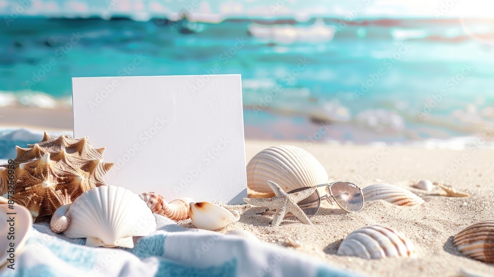 Empty white poster sign on a beach towel with seashells and sunglasses, ocean waves in the background, ideal for summer promotions Empty white poster sign on a beach towel with seashells and sunglasses, ocean waves in the background, ideal for summer promotions
