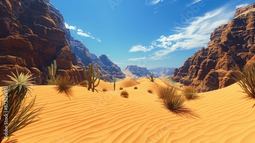 A dramatic desert landscape with steep sand dunes, scattered cacti, and a clear blue sky overhead. photo
