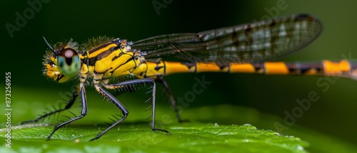  A macropterous yellow-and-black insect up close on a verdant leaf, dotted with water beads on its translucent wings photo