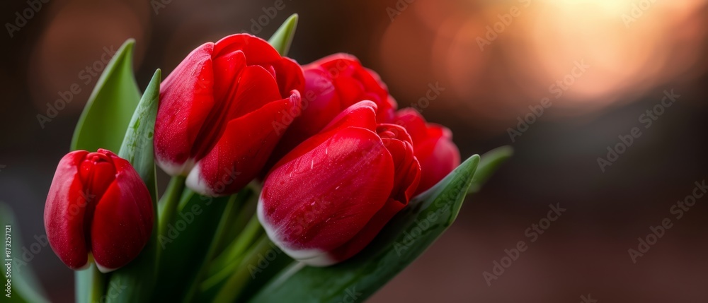 A tight shot of red tulips with water droplets on their petals and a blurred backdrop A tight shot of red tulips with water droplets on their petals and a blurred backdrop