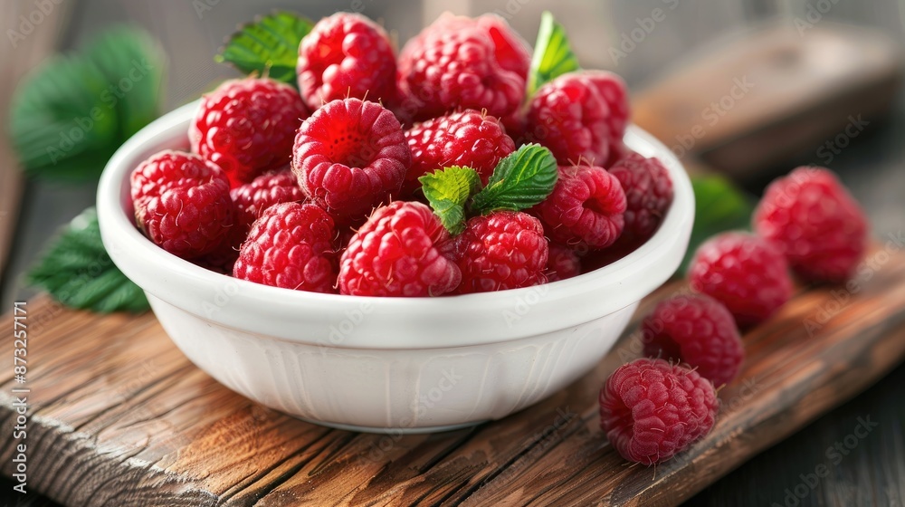 Ripe sweet raspberries in a white bowl on a wooden board Ripe sweet raspberries in a white bowl on a wooden board