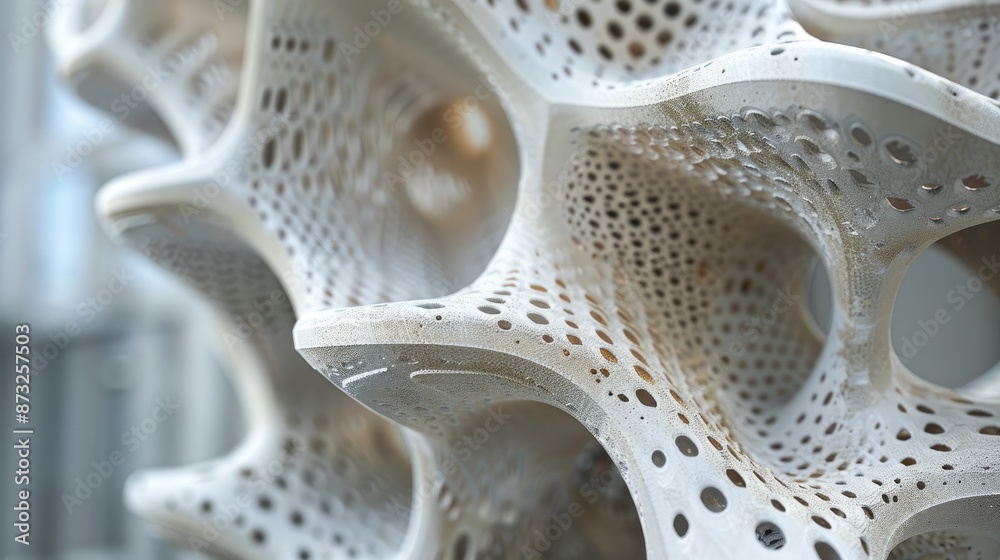 Close-up of a 3D printed building showing intricate design details.