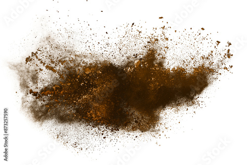 Brown powder explosion on white background. Colored cloud. Colorful dust explode. Paint Holi.