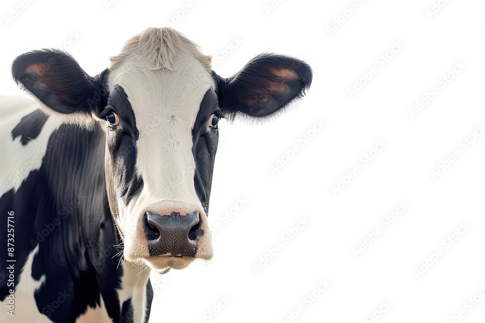 majestic dairy cow with distinctive black and white markings stands proud against a crisp white background embodying agricultural vitality majestic dairy cow with distinctive black and white markings stands proud against a crisp white background embodying agricultural vitality