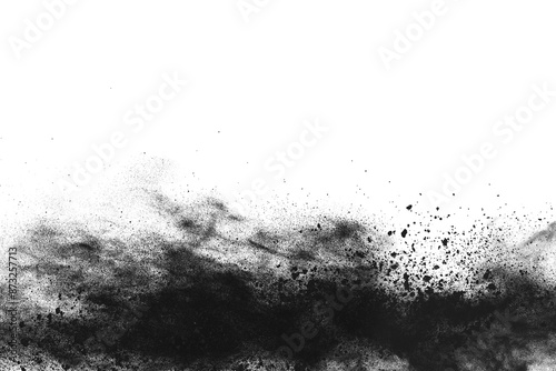 particles of charcoal on white background,abstract powder splatted on white background,Freeze motion of black powder exploding or throwing black powder.