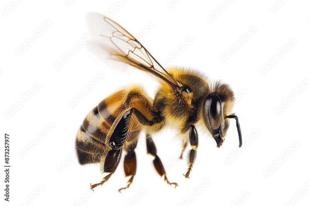 majestic honey bee in flight wings spread against pure white backdrop ultrahigh detail soft lighting scientific accuracy majestic honey bee in flight wings spread against pure white backdrop ultrahigh detail soft lighting scientific accuracy