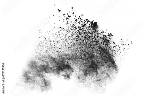 particles of charcoal on white background,abstract powder splatted on white background,Freeze motion of black powder exploding or throwing black powder.