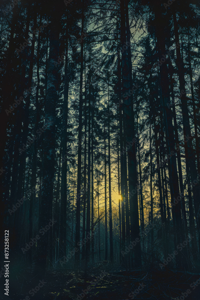 Fototapeta premium Sunset Through Dense Forest Trees Tranquil Nature Scenery in Evening Light