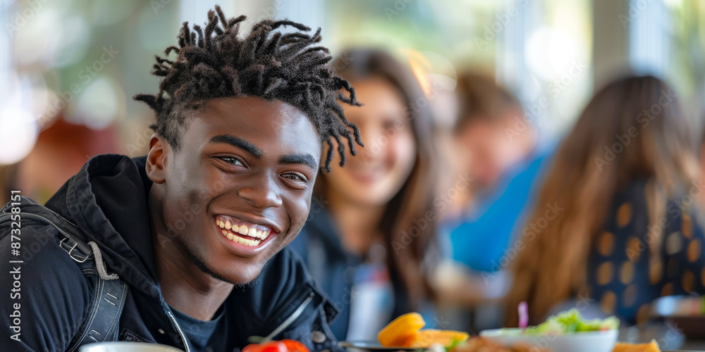 Young Man Smiling During Lunch at a Restaurant with Friends in the Background