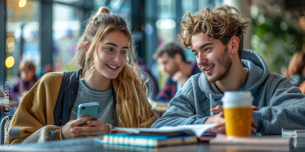 Young Friends Studying Together in a Cafe Engaged Learning Atmosphere with Coffee and Digital Devices