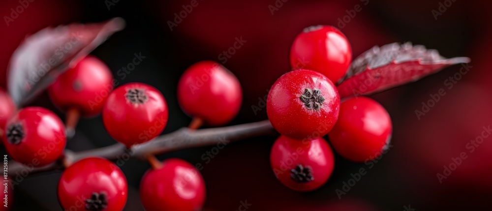 A tight shot of red berries clustered on a branch, with a leaf situated opposite A tight shot of red berries clustered on a branch, with a leaf situated opposite