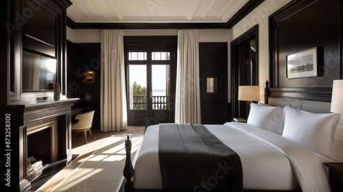 cool expensive interior design of room in prestigious luxury hotel with dark tones with modern LED lighting and stylish furniture. the area with a sink is separated by dark glass from the bedroom © Panupol