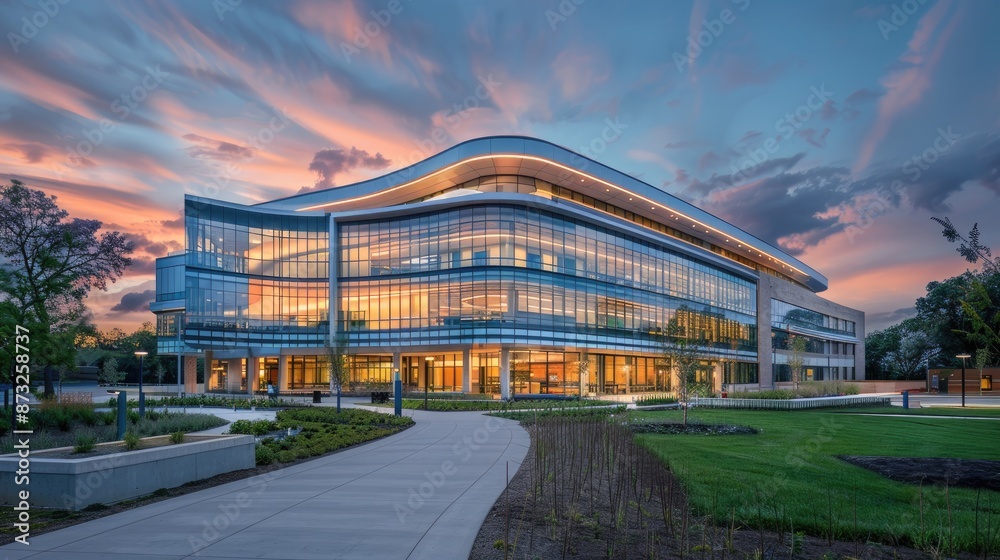 Obraz premium A large glass building with a curved roof and a walkway leading to it. The building is surrounded by trees and grass, and the sky is filled with clouds