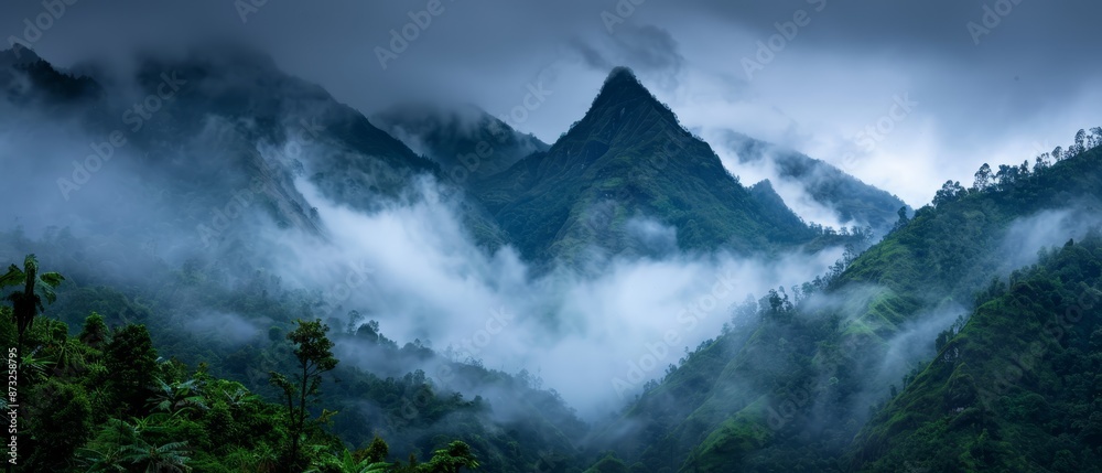 Amidst a foggy day, a mountain range is shrouded in mist Trees and bushes dot the foreground Amidst a foggy day, a mountain range is shrouded in mist Trees and bushes dot the foreground
