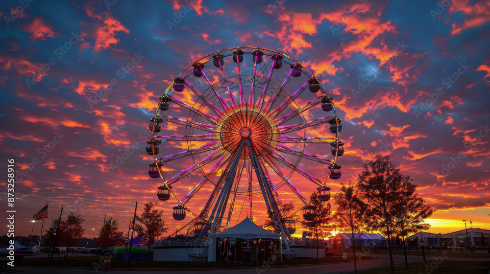 A colorful Ferris wheel is lit up in the evening sky A colorful Ferris wheel is lit up in the evening sky